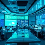 Equipe multidisciplinar unindo especialistas em saúde e tecnologia frente a telas digitais avançadas com dados clínicos e modelos de IA.