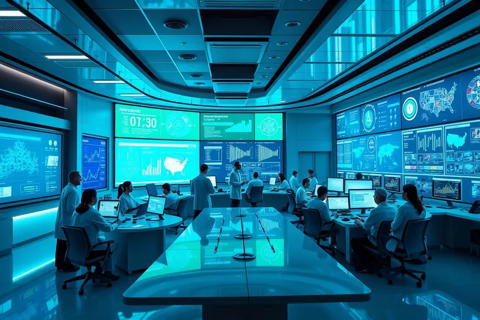 Equipe multidisciplinar unindo especialistas em saúde e tecnologia frente a telas digitais avançadas com dados clínicos e modelos de IA.