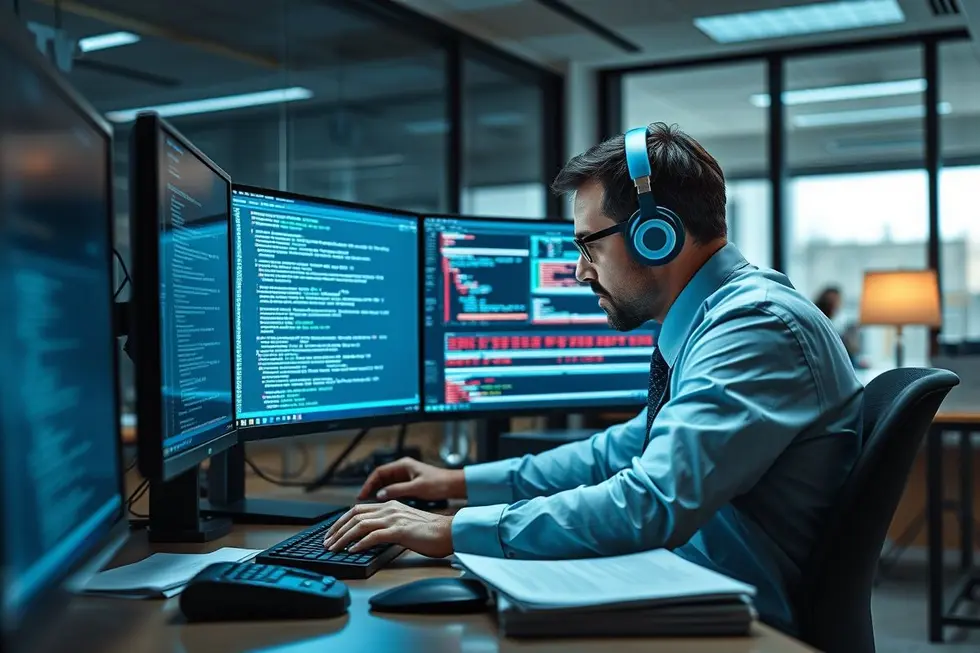 Perito de TI judicial trabalhando com ferramentas forenses e documentação legal.