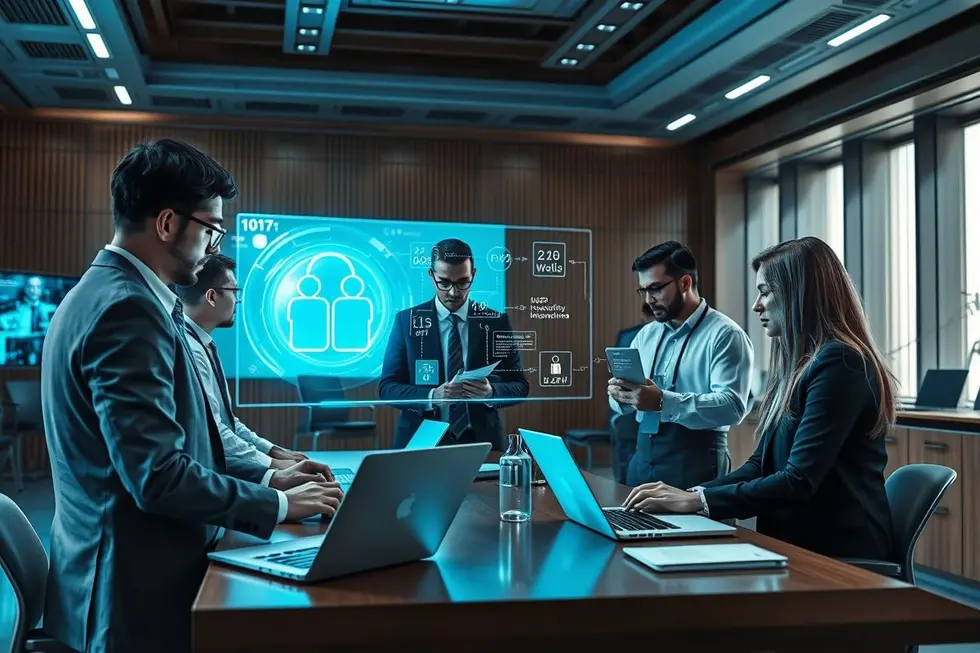 Equipe multidisciplinar colaborando na análise de provas digitais em ambiente judicial moderno.