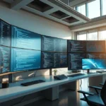 Imagem fotorrealista de ambiente de desenvolvimento tecnológico com monitores mostrando códigos e métricas de treinamento de modelos IA localmente.