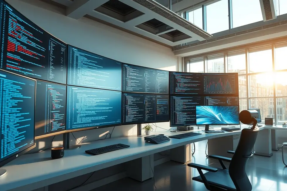 Imagem fotorrealista de ambiente de desenvolvimento tecnológico com monitores mostrando códigos e métricas de treinamento de modelos IA localmente.