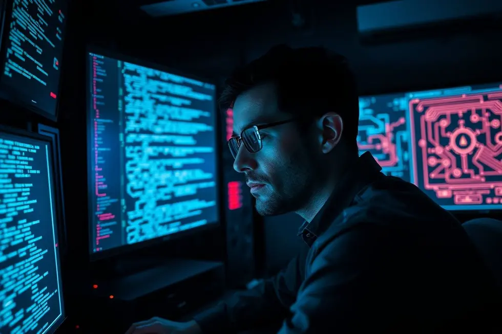 Profissional de TI analisando múltiplos monitores com código e diagramas de rede em sala de controle.