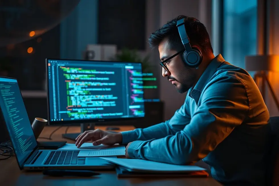 Imagem fotorrealista de um desenvolvedor concentrado estudando conceitos técnicos de Node.js para entrevistas, com laptop e anotações ao redor.