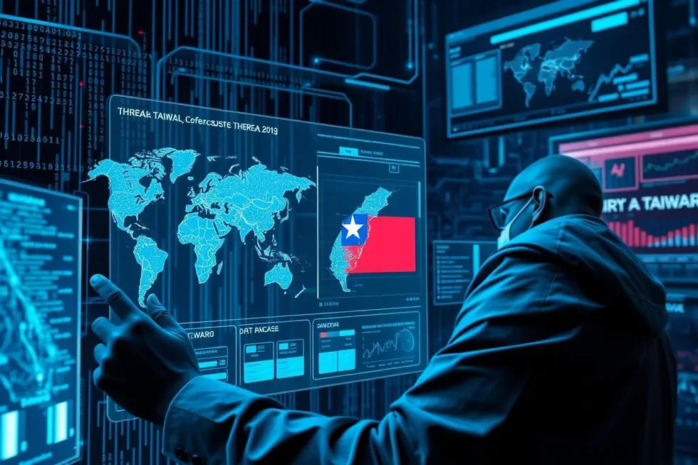 Profissional de segurança cibernética interagindo com telas digitais que mostram mapas de riscos e alertas do Taiwan NSB.